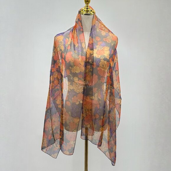 Vintage Floral Silk Scarf Made In France Sheer Lightweight Orange & Purple - Picture 3 of 5